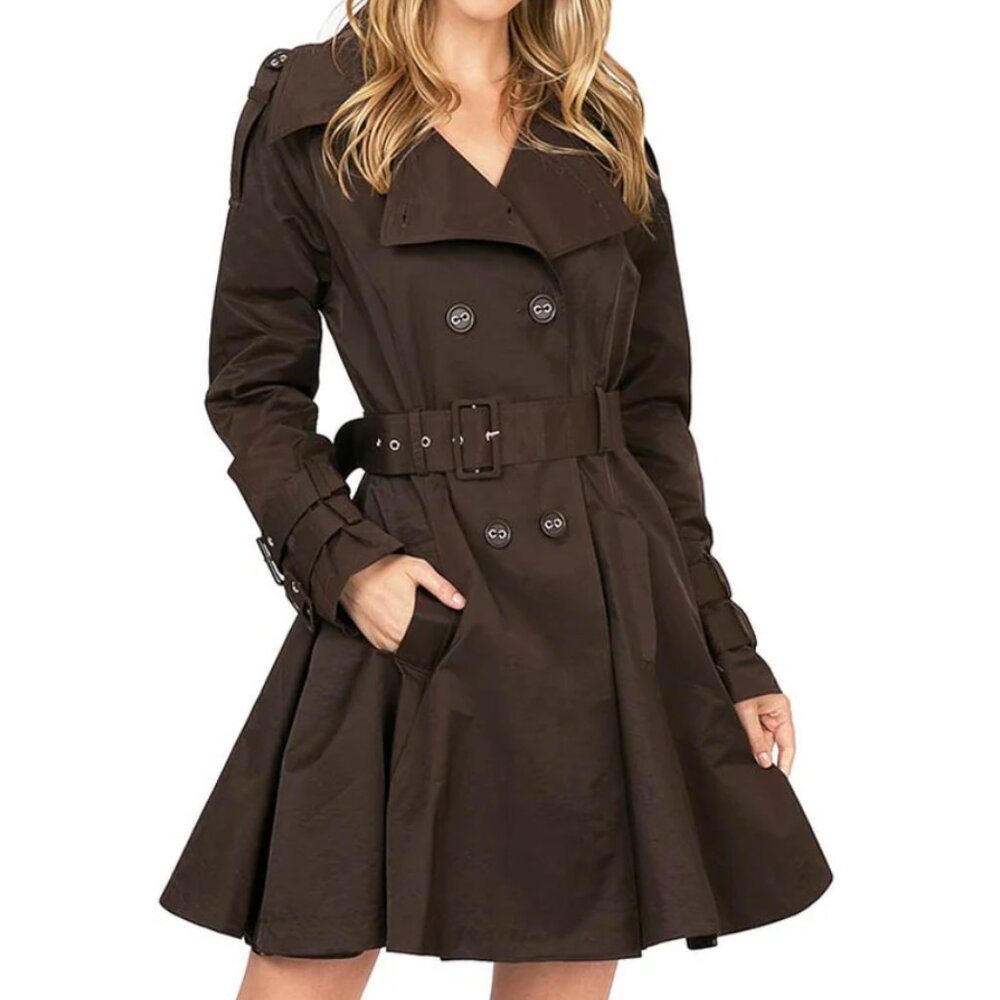 Stylish Brown 3/4-Sleeve Trench Dress Features Belted Drop Waist Size 42 (US M)